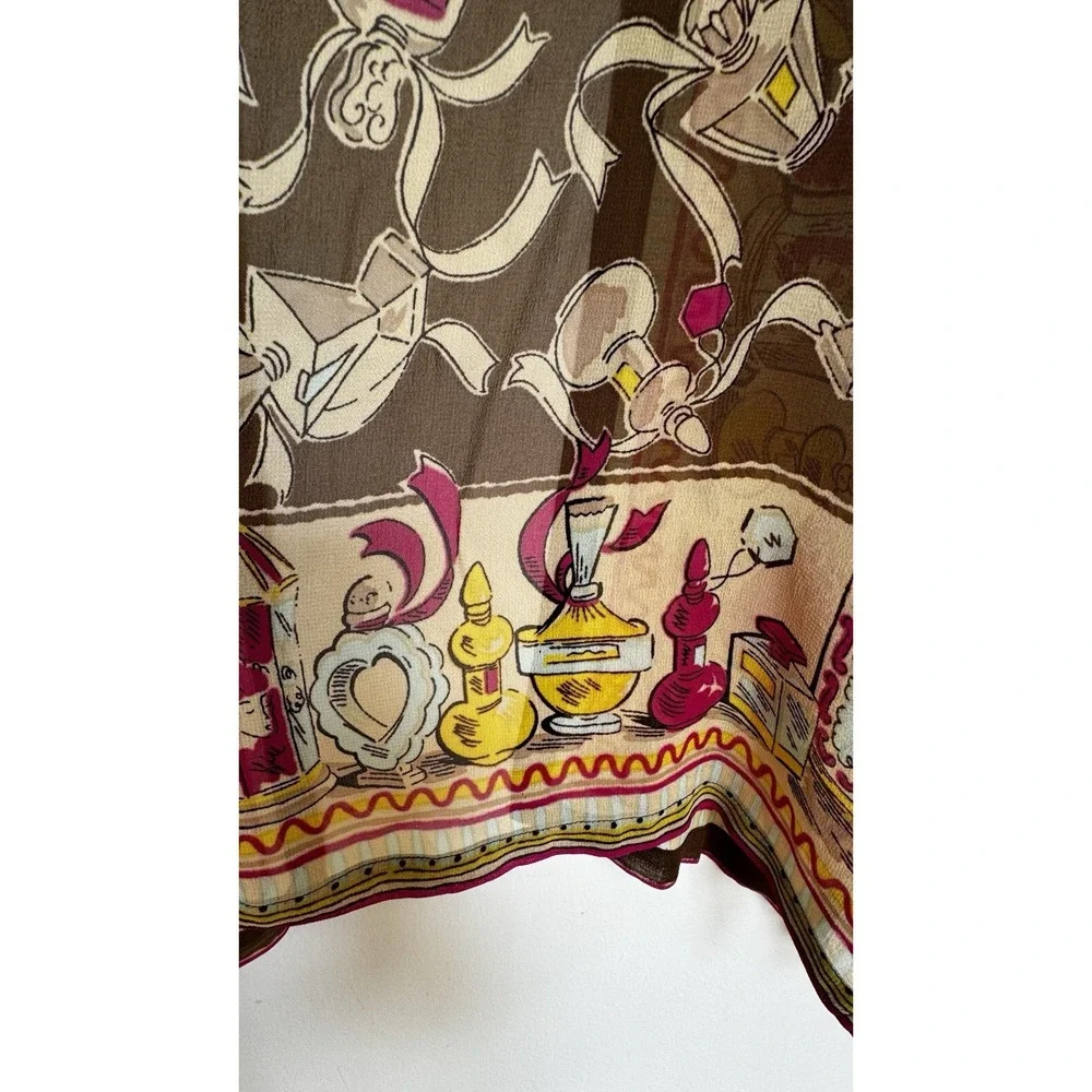 Vtg Sheer Kimono‎ Cardigan Perfume Print Boho Chic Open Front Duster Topper Glam